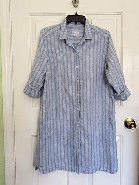 J. Jill Love Linen  Blue and White Striped Button-Down Shirt Dress Size LP